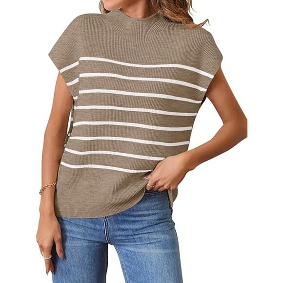 MEROKEETY Sleeveless Mock Neck Striped Sweater | Women’s Medium Tan & White Knit - Picture 1 of 6